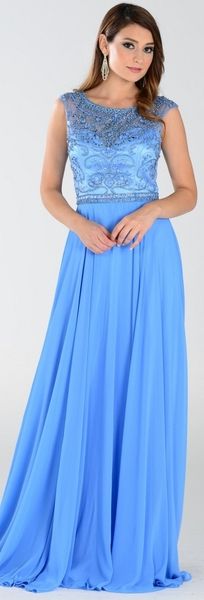 Long A Line Formal Gown Periwinkle #discountdressshop #formaldress #militaryball #partydress #formalwear #weddings Lehga Choli, Military Ball Dress, Bead Top, Dream Prom Dress, Military Ball Dresses, Floor Length Prom Dresses, Military Ball, Floor Length Dress, Beaded Chiffon