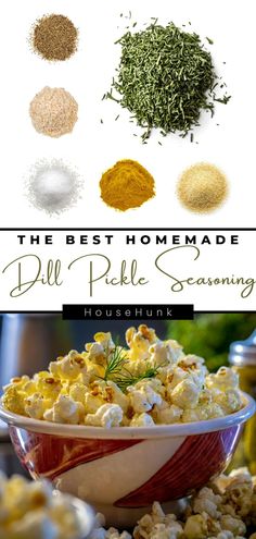 the best homemade dill pickle seasoning recipe in a bowl with herbs on top