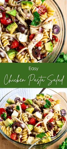 chicken pasta salad in a glass bowl on top of a wooden table with parsley