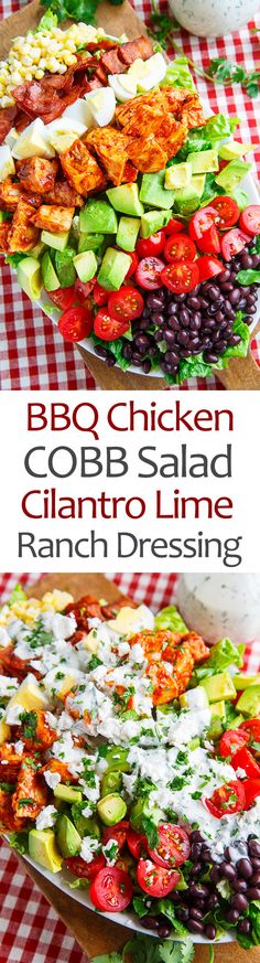 bbq chicken cobb salad with cilantro lime ranch dressing on a platter