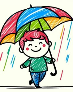 a drawing of a boy holding an umbrella in the rain with colored crayons