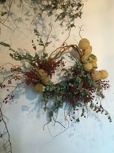 an arrangement of dried berries and branches on a white wall with red berries hanging from it