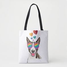 a tote bag with a dog wearing sunglasses and hearts on the side that says i love you