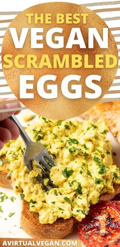 vegan scrambled eggs on toast with grilled tomato Tofu Scrambled Eggs Vegan Recipes, Vegan Egg Scramble, Easy Wfpb Breakfast, Tofu Breakfast Scramble, Simple Vegan Breakfast Ideas, Easy Healthy Vegan Breakfast, Just Egg Vegan Recipes, Tofu Breakfast Recipes