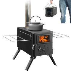 a man standing next to an outdoor stove