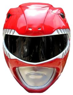 the helmet is red and white with silver details on it's face, as well as an eye patch