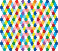 an abstract geometric pattern with circles and stripes in pink, blue, green, yellow, orange, and red