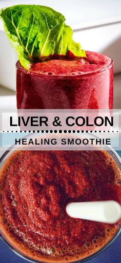 a red smoothie with basil leaves on top and the words liver & colon above it