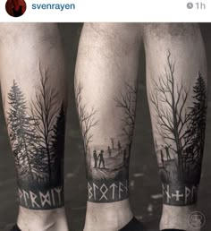 two people standing next to each other with trees on their legs and the words beneath them