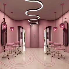 a pink room with chairs and mirrors in it's center, along with lights hanging from the ceiling