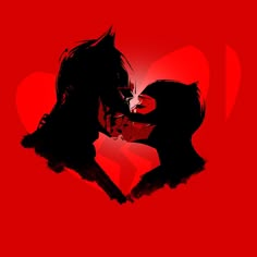 two people kissing in front of a red background