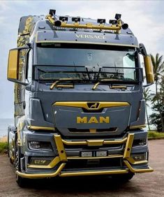 a grey and yellow truck parked on top of a dirt road next to the ocean