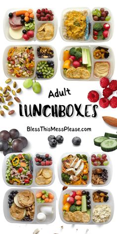 an image of lunchboxes with the words adult lunch boxes on it and various foods in