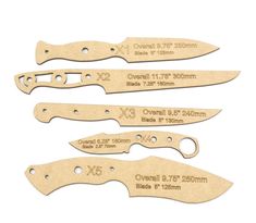 three wooden knives are shown with measurements for each knife and the other size is inches