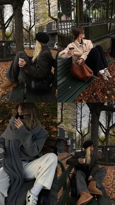 two women sitting on a park bench in the fall, and one is holding a coffee cup