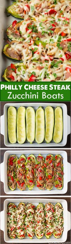 different types of pizzas and other foods in pans with the words philadelphia cheese steak zucchini boats