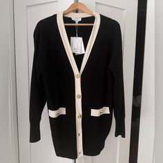 Other Stories Long Chanel Style Black Cardigan With Golden Butons. Size S, Oversized. Fits A Or M. New With Tags Classic Black Cardigan For Daywear, Oversized Black Classic Cardigan, Black Oversized Elegant Cardigan, Style Black Cardigan, Cardigan Chanel, Chanel Cardigan, Balloon Sleeve Cardigan, Belted Sweater, Chanel Style