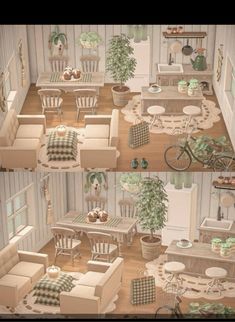 two pictures of a living room and dining area with chairs, couches, tables and potted plants