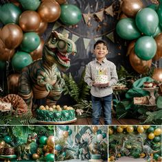 a little boy standing in front of a dinosaur birthday cake with balloons and greenery