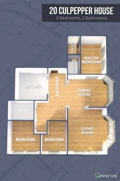 the floor plan for a house with two rooms and three bathrooms, including one bedroom