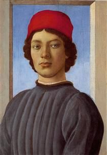 a painting of a young man with a red cap on his head and wearing a black shirt