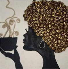 a painting of a woman with coffee beans on her head and a cup in her hand