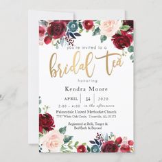 $1.90 | Burgundy Floral Bridal Tea Invitation | Bridal Shower Invitations | bridal, tea, wedding, invitation, bride, floral Bridal Tea Invitations, Target Bedding, Burgundy Floral, Floral Bridal, Youre Invited, Wedding Invitation Cards, Zazzle Invitations