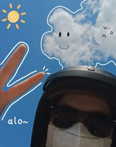 a man wearing sunglasses and a face mask with a cloud in the sky above his head