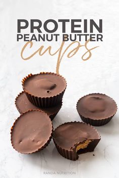 four chocolate peanut butter cups on a white surface with the title text overlay reads protein peanut butter cups