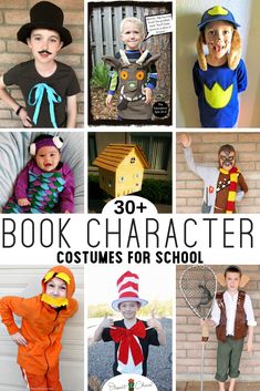 children's book character costumes for school and the title reads 30 + book character costumes for school