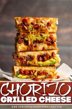 stack of cheesy grilled cheese sandwiches with text overlay