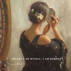 a painting of a woman with flowers in her hair looking at herself in the mirror