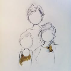 a drawing of two people standing next to each other on a white paper sheet with gold foil