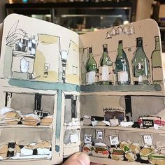 an open book with watercolor and ink drawings on it, showing shelves full of wine bottles