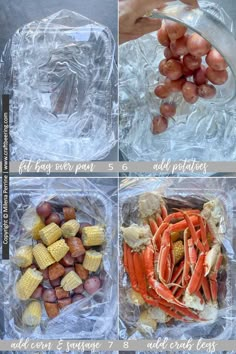 four pictures showing how to make crab boil with potatoes, corn on the cob and carrots