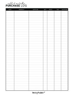 a printable sign up sheet with the words, purchase log and price list on it