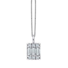 This delicate and timeless 14K white gold and diamond pendant has a three baguette diamond center adorned with the sparkle of 6 round diamonds that enhance this updated classic design. This .23 CTW pendant is on an 18” white gold box chain making it the perfect look for any occasion. Classic Diamond White Necklace With Baguette Diamonds, Classic Baguette Diamond Necklace For Anniversary, White Gold Diamond Necklace With Baguette Diamonds, Timeless Diamond Necklace With Baguette Diamonds For Anniversary, Diamond Pendant Jewelry, Round Diamond Pendant, Diamond Jewelry Necklace, Halo Pendant, Diamond Cross Pendants