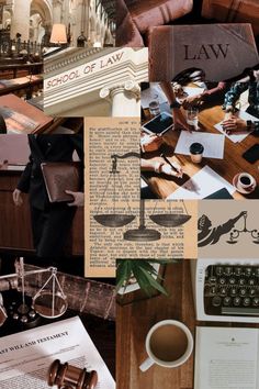 collage of law related images including books, papers, and an old typewriter