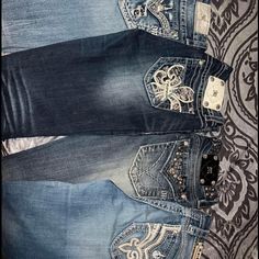 Miss Me And Rock Revival Jeans Both Size 27 Miss Me Jeans Sweater, Mpm Jeans, Flare Jeans With Designs, Miss Me Jeans Outfit Y2k, Miss Me Jeans Outfit Ideas, Mexican Jeans, Early 2000s Clothes, 2000 Jeans, 2000s Core