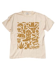 We wanted to design a shirt to represent our home state, and in our opinion, we did a great job! Snakes, cacti, armadillo, and even a little Howdy in the corner! To be completely honest, the snakes aren’t our favorite, but they do look good on a shirt. Made for everybody Vintage-washed and garment-dyed for a retro look and heavy feel 100% ring-spun heavy cotton for a super soft, comfortable feel that's gentle on skin No-shrink comfort and double-needle stitching for a dependable fit and lasting quality Classic crew style with a ribbed, lay-flat collar and shoulder-to-shoulder taping Made with quality cotton sourced from American farms Constructed by Hanes Comfort Wash. Retro School Shirt Designs, Cool Vintage Tshirts, Retro Tshirt Design Graphics, Farm Shirt Ideas, Cool T-shirts, Retro Shirts Vintage Graphic Tees, Vintage Tshirt Design, Vintage T Shirt Design, Vintage Shirt Design