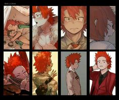 some anime characters with red hair and different facial expressions on their faces, including one man in