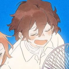 two anime characters one is holding a tennis racket and the other has his eyes closed