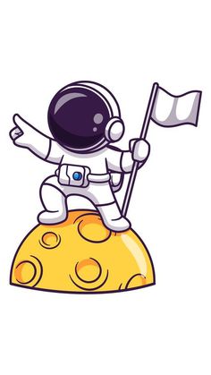 an astronaut is sitting on top of the moon holding a flag and waving his hand