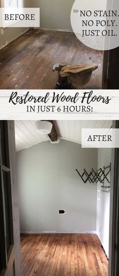 the before and after of an empty room with wood floors in it's new home