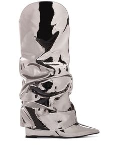 silver-tone leather metallic effect draped detailing pointed toe slip-on style branded leather insole 120mm wedge heel leather sole Farfetch Shoes, Model Clothes, Metallic Boots, Silver Boots, Metallic Shoes, Model Outfits, Iconic Bags, Silver Shoes, Summer Beach Wear