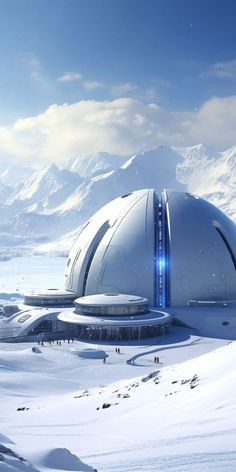 a futuristic building in the snow with mountains in the background