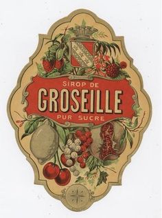 the label for grosellie is shown in red and green colors with fruit on it