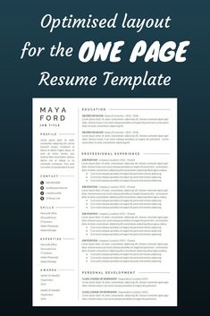 a professional resume template with the title'optimised layout for the one page resume template