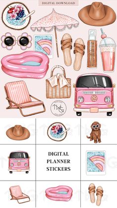 the digital planner stickers are pink and have various items on them, including an umbrella,