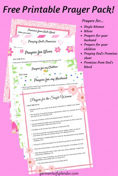 the free printable prayer pack is shown in pink and green with flowers on it